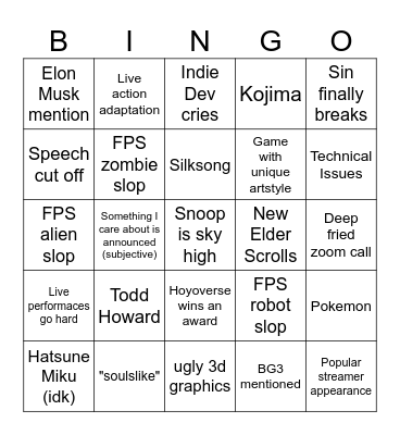 Game Awards 2024 Bingo Card