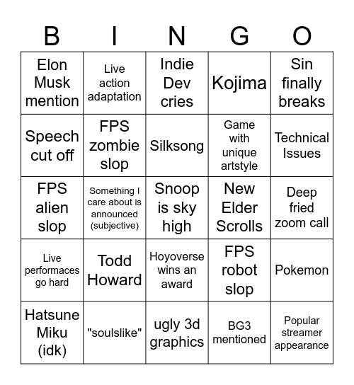 Game Awards 2024 Bingo Card