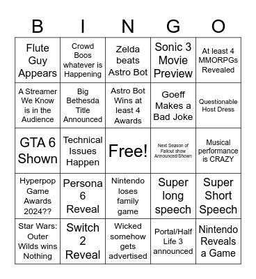Game Awards 2024 Bingo Card