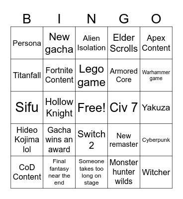 Game Awards Bingo Card
