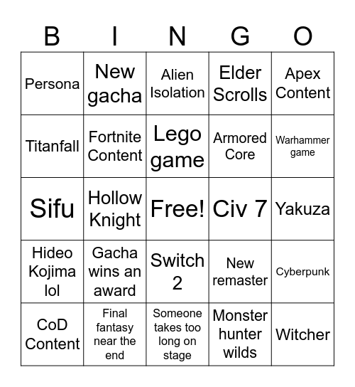 Game Awards Bingo Card