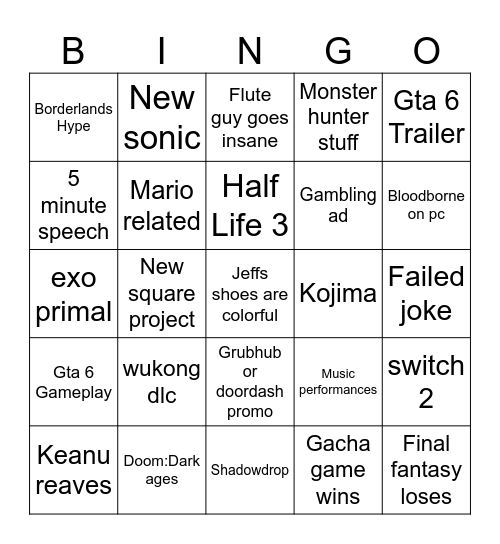 Game awards 2024 Bingo Card