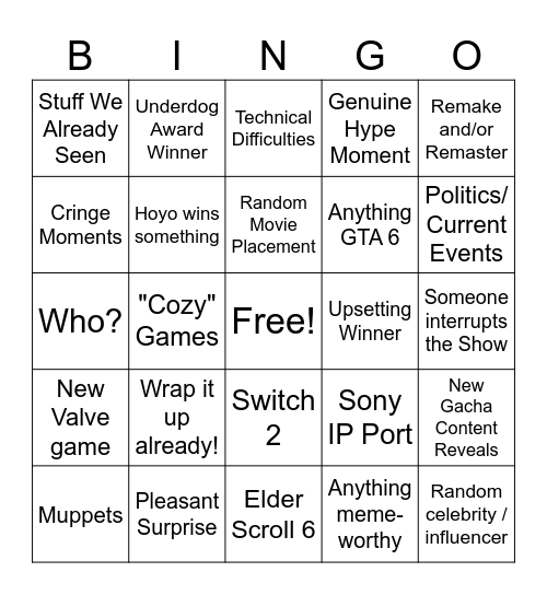 Sky's Game Awards 2024 Bingo Board Bingo Card