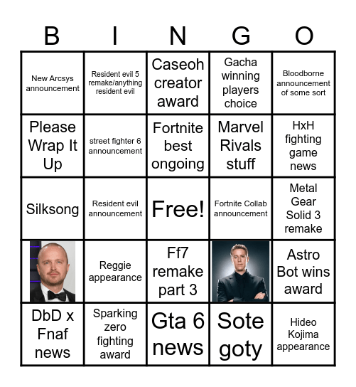 Game Awards Bingo Card