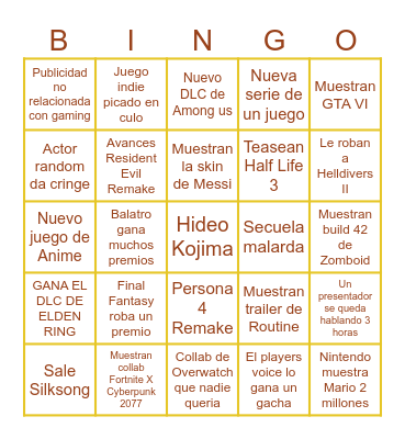 The Game Awards 2024 Bingo Card