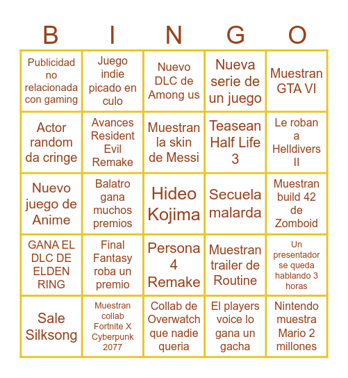 The Game Awards 2024 Bingo Card