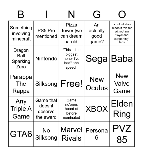 TGA Bingo Card