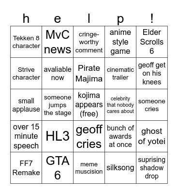Game Awards Bingo Card