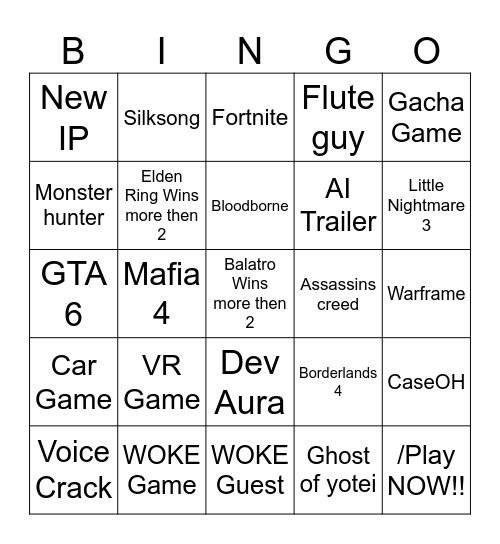 Game Awards Bingo Card