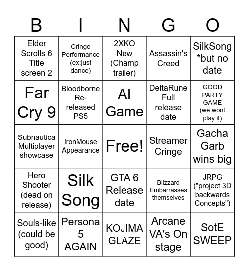 Game Awards Bingo Card