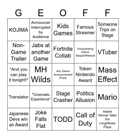 Game Awards 2024 Bingo Card