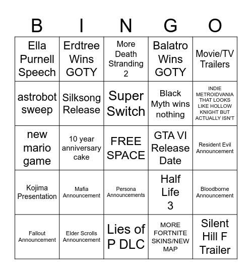 2024 Game Awards Bingo Card