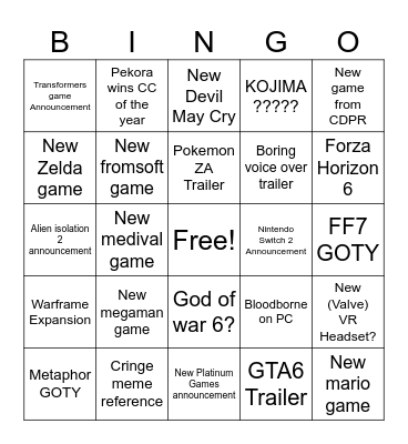 TGA Bingo Card