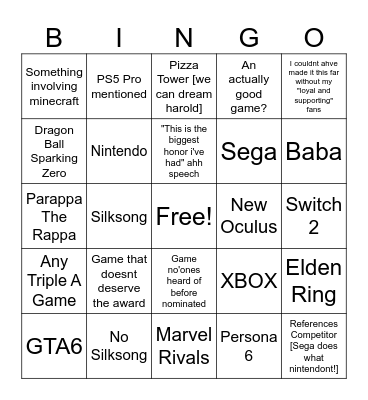 TGA Bingo Card