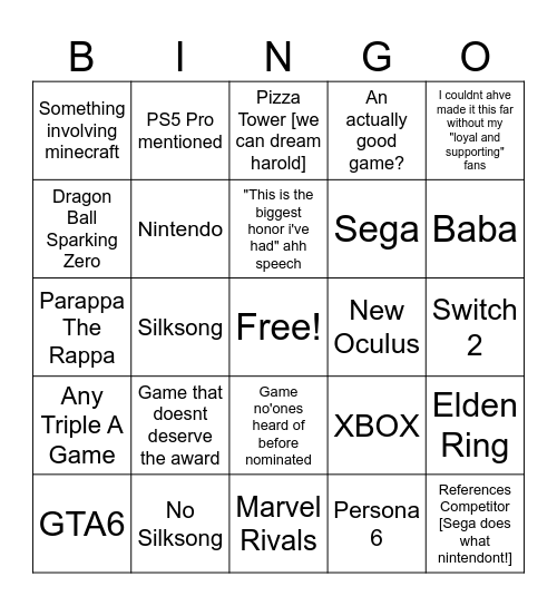 TGA Bingo Card