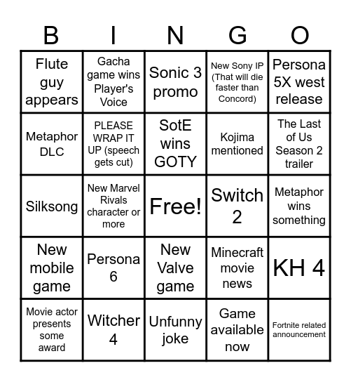 The Game Awards 2024 Bingo Card