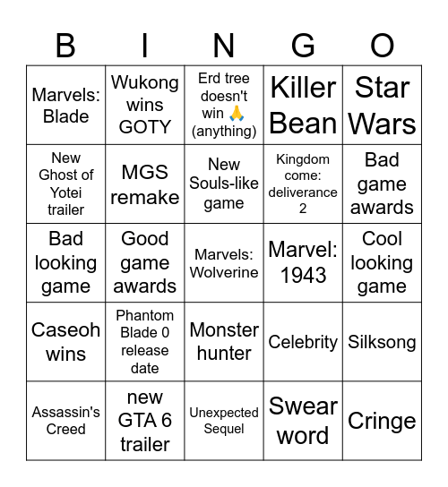 game awrads stuff idk Bingo Card