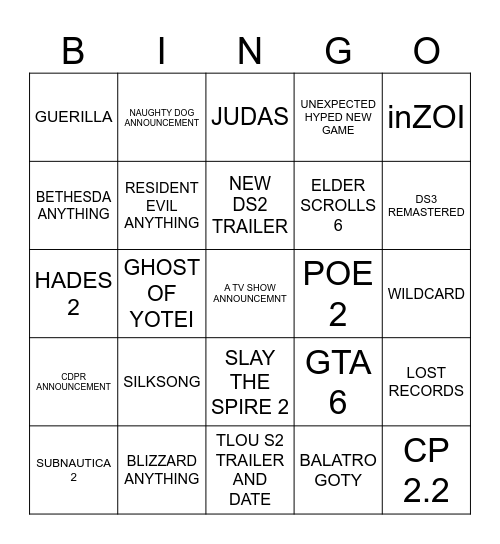 GAME AWARDS 2024 Bingo Card