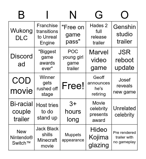 Yayo Game Awards Bingo Card