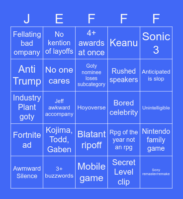 Jeff Awards Bingo Card