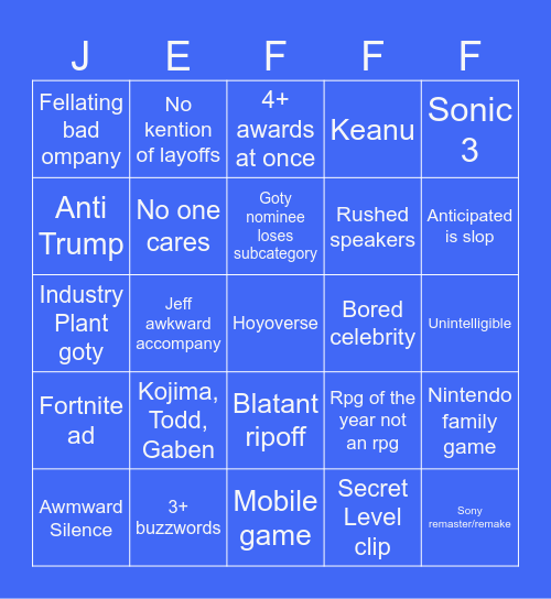 Jeff Awards Bingo Card