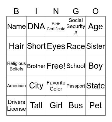 Identity Bingo Card