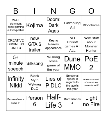 Game Awards 2024 Bingo Card