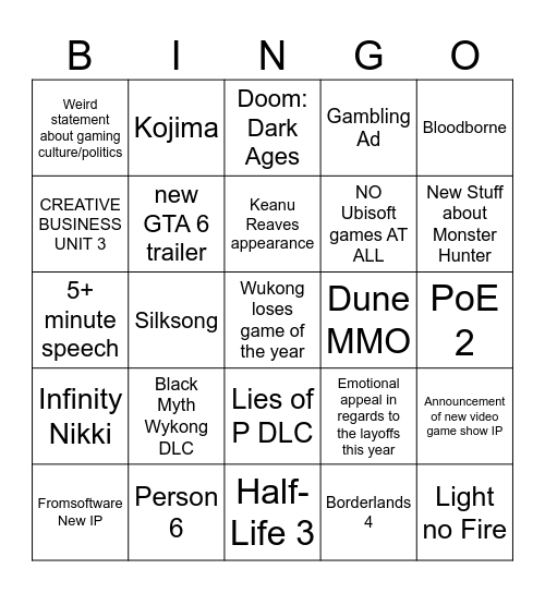 Game Awards 2024 Bingo Card