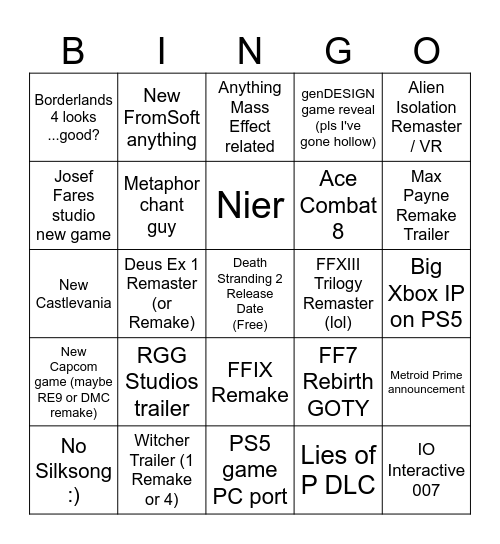 TGA 2024 delusions Bingo Card