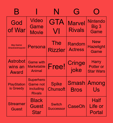 Game Awards Bingo Card