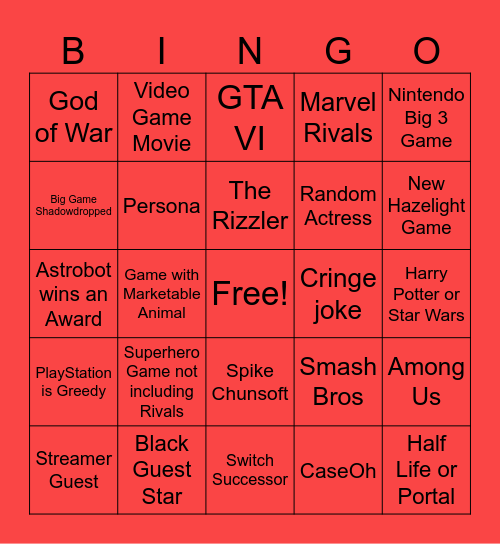 Game Awards Bingo Card