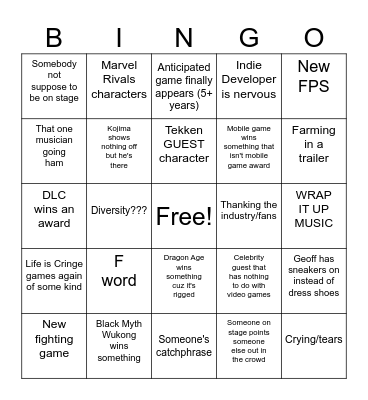 Game Awards Bingo Card