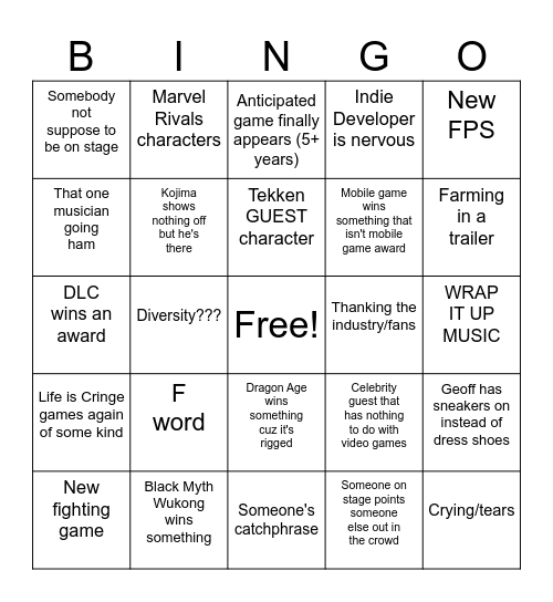 Game Awards Bingo Card