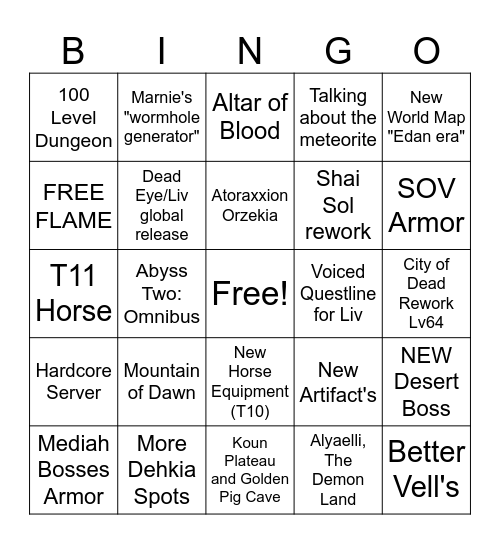 BDO Bingo Card