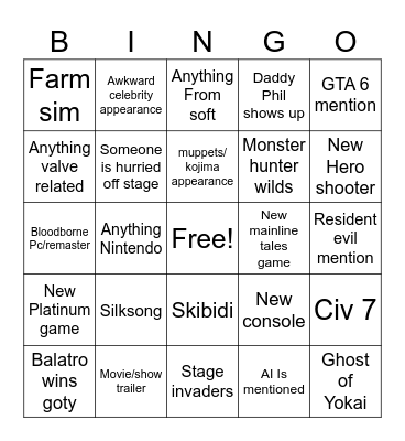 The game awards 2024 Bingo Card