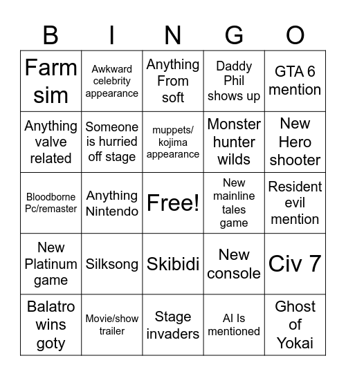 The game awards 2024 Bingo Card