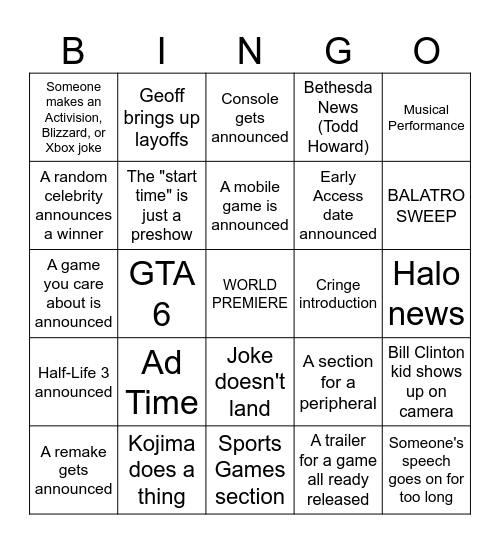 VGAS Bingo Card