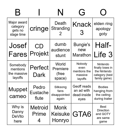 Game Awards bingo Card