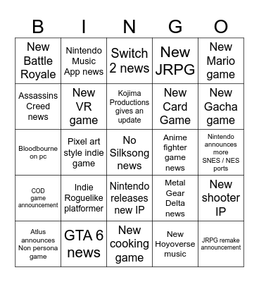 Game Awards Bingo Card