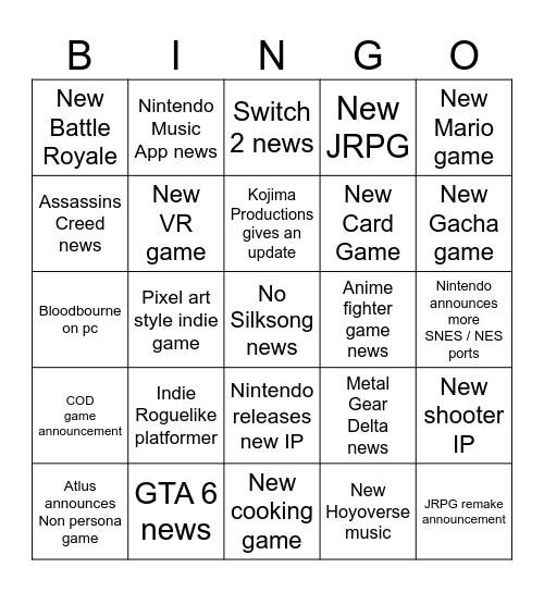 Game Awards Bingo Card