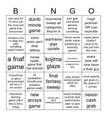 game awards Bingo Card