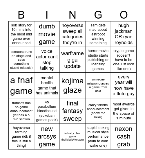 game awards Bingo Card