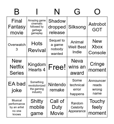 Game Awards Babyyyy Bingo Card