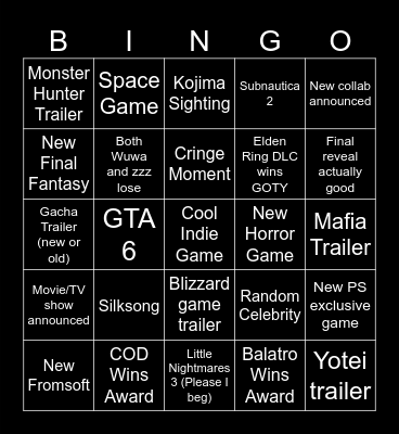 GAME AWARDS BINGO 2024 Bingo Card