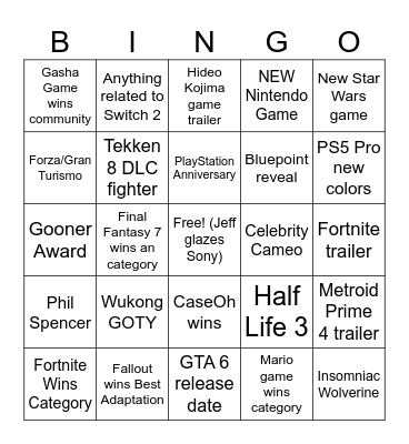 Game Awards BINGO Card