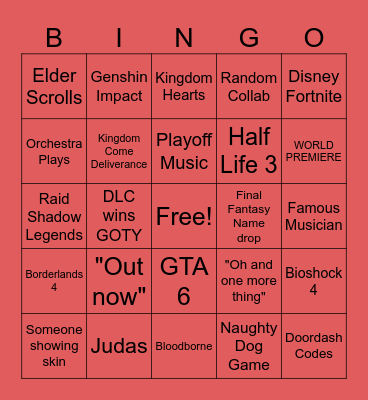 Game Awards Bingo Card