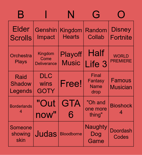 Game Awards Bingo Card