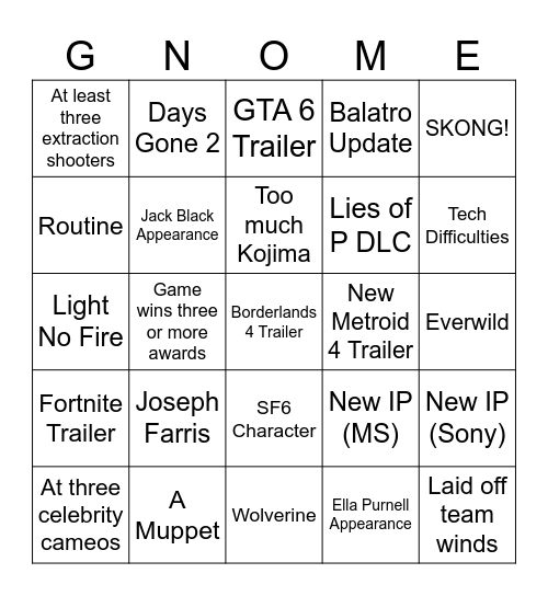 The Game Awards 2024 Bingo Card