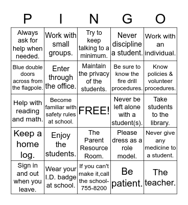 Parent Involvement Nurtures Great Opportunities Bingo Card