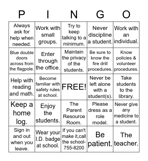 Parent Involvement Nurtures Great Opportunities Bingo Card